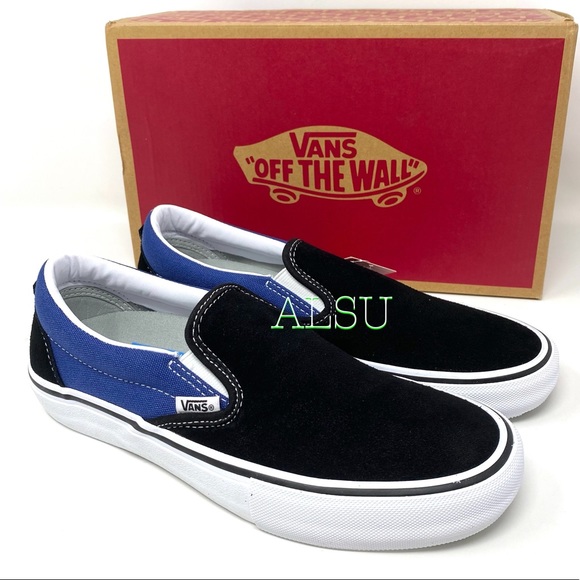 blue and black vans slip ons